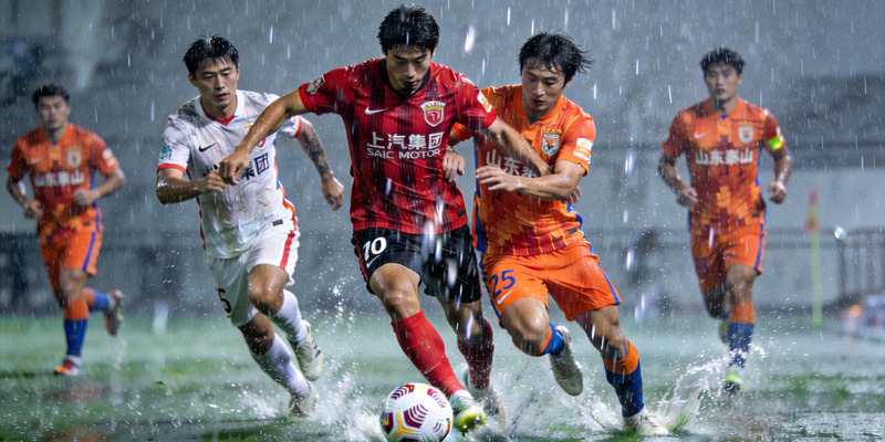 中超联赛上海海港队与山东泰山队球员在雨中激烈拼抢足球