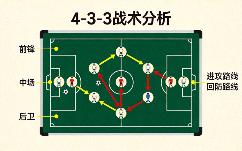 足球战术分析板展示阵型与跑动路线示意图